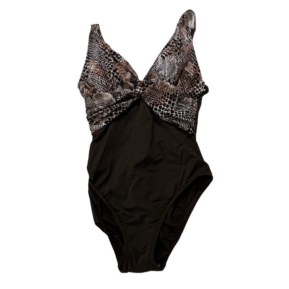 La Blanca One Piece Swimsuit Brown Snakeskin Print Bust Detail Size 8‎